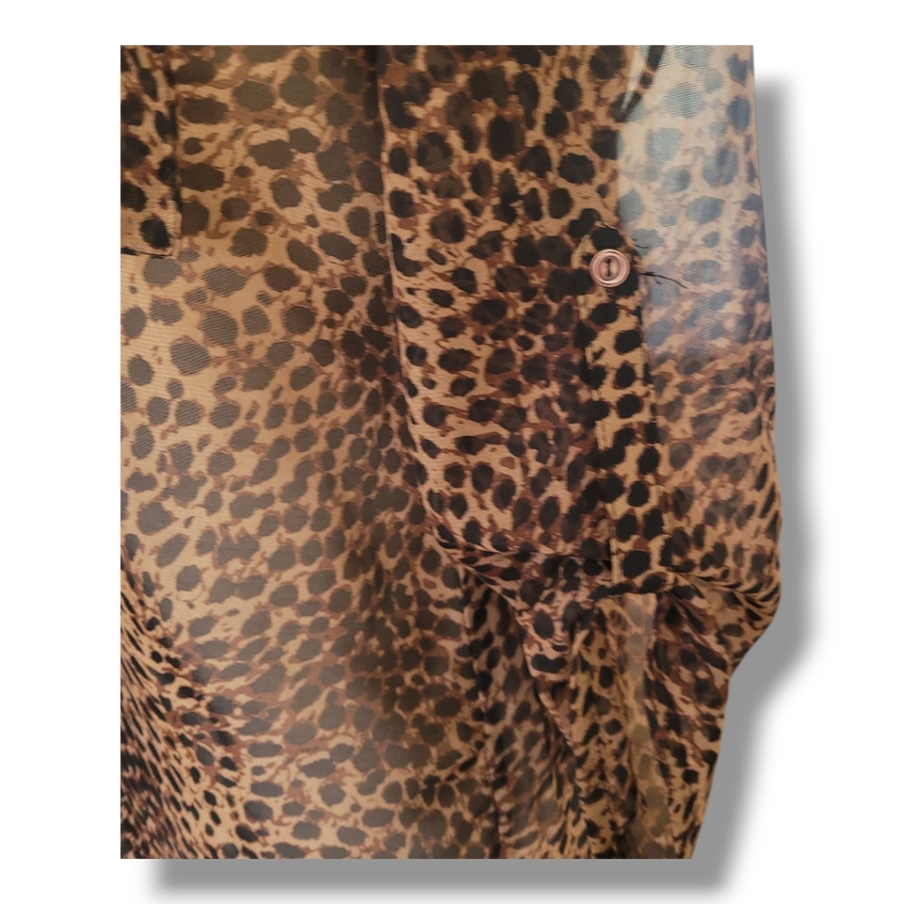 Sheer Animal Print V-Neck Blouse with Mandarin Collar. By Mix & Co. Size Medium - Picture 4 of 9